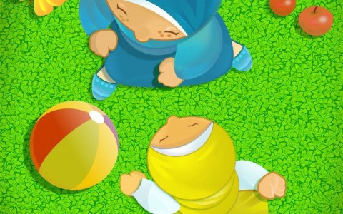 девочки, платочек, мяч, лужайка, бабочка, яблоки